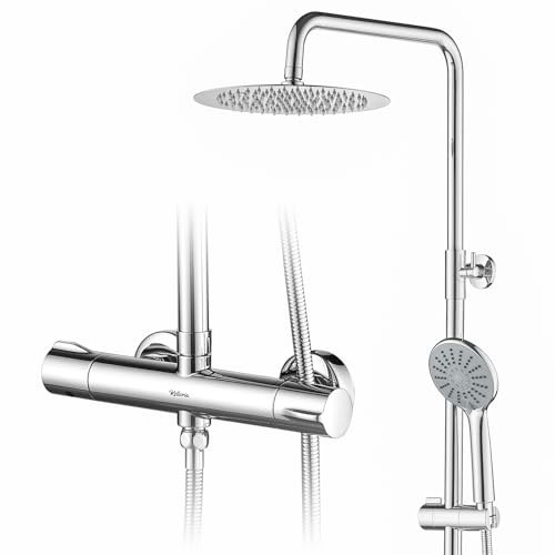 Kelleria Sistema Ducha Moderno con Termostato Cromado, Bloqueo de Seguridad 38°C, Juego Completo Grifo de Ducha con Cabezal de Ducha Acero Inoxidable, Ducha de Mano, Barra de Ducha Ajustable