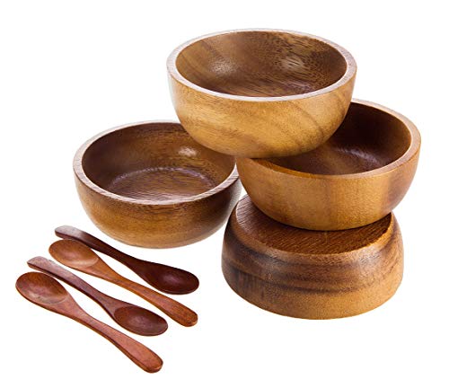 Bestysuperstore 3¾" Mini Acacia Round Wooden Bowl Small Size For Condiments, Dip Sauce, Nuts, Candy, Fruits, Appetizer, And Snacks, Calabash Wood Bowls Dia 3.75"X 1.5 H - Set Of 4 (Free 4 Wood Spoons) #TOP4