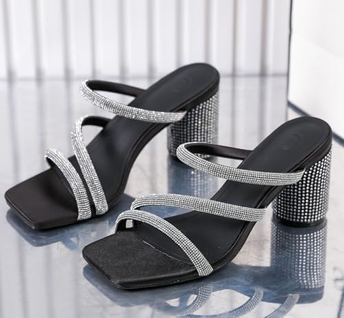 DADAWEN Women's Rhinestone Heeled Sandals Square Toe Strappy Chunky Block Heels for Women Comfortable Wedding Party Dress Pumps Shoes4