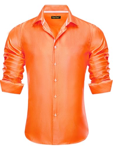 Image of YourTies Orange Dress Shirt for Men Silk Solid Color Button Down Shirts Long Sleeve Luxury Western Hoilday Casual Tops Party