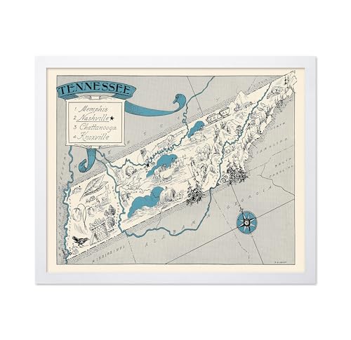 Poster Master Vintage Tennessee State Print - Retro Map Poster - Educational Art - Gift for Teacher, Student, Travel Lover - Wall Decoration for Classroom, Office, Dorm - 8x10 White Framed