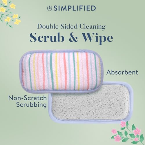 Image of Simplified 5-Pack Scrub & Wipe 2-in-1 Dishwashing Sponges - Non-Abrasive Cleaning Sponges, Double-Sided - Safe for Dishes, Non-Stick Pans or Glassware, Absorbent Dish Sponges, Rainbow Stripe