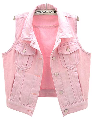 LifeShe Womens Button Up Denim Sleeveless Crop Vest Jean Jacket Pink (Pink A, L)