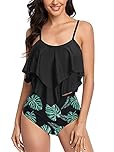FLYILY Two Pieces Swimsuit for Women Double Level Ruffled Flounce Top with High Waisted Bottom Bikini Set Tummy Control Swimwear Bathing Suits(2-BlackLeaf,XL)