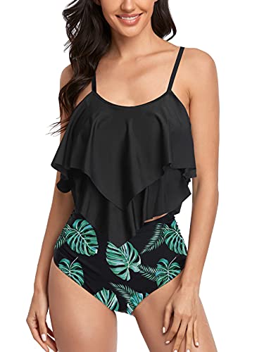 FLYILY Two Pieces Swimsuit for Women Double Level Ruffled Flounce Top with High Waisted Bottom Bikini Set Tummy Control Swimwear Bathing Suits(2-BlackLeaf,S)