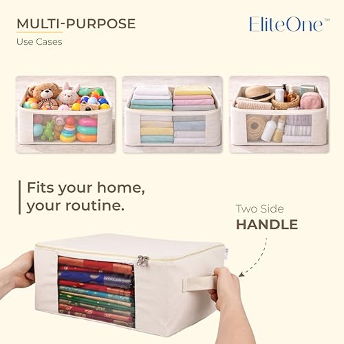 Image of EliteOne Cotton Canvas Clothes Storage Bags with Zip & Window | Saree Covers for Storage | Lehengas, Dresses, Saree Organiser for Wardrobe | saree bags with zip (17x14x7 inches)(Pack of 3 Bags)