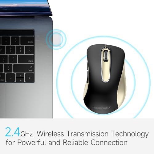 memzuoix 2.4G Wireless Mouse, 1400 DPI Computer Mice with USB Receiver, Portable Wireless USB Battery Powered Cordless Mouse for Laptop, PC, Desktop, 5 Buttons (Black Gold) - 1