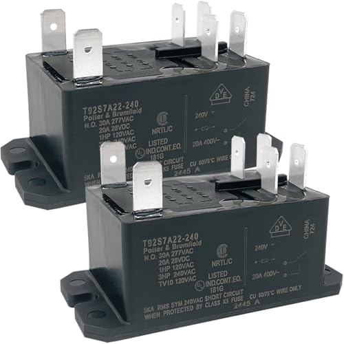 T92S7A22-240 Power Relay (2-Pack), 6-Pin DPST-NO 30A 240VAC Compatible with RV Rooftop AC, Heat Pumps & HVAC Systems, Mechanical Replacement for Blower Motor & Compressor Control