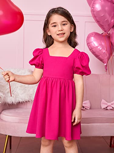 Wdirara Toddler Girl's Square Neck Short Puff Sleeve A Line Flared Tie Back Cute Mini Dress Hot Pink 5Y #TOP4