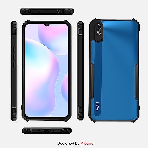 Image of Pikkme Plastic Mi Redmi 9A / 9i / 9A Sport Back Cover Crystal Clear Transparent Back Ultra Hybrid Full Camera Protection Raised Edge TPU Bumper Back Cover for Mi Redmi 9A / 9i / 9A Sport (Black)