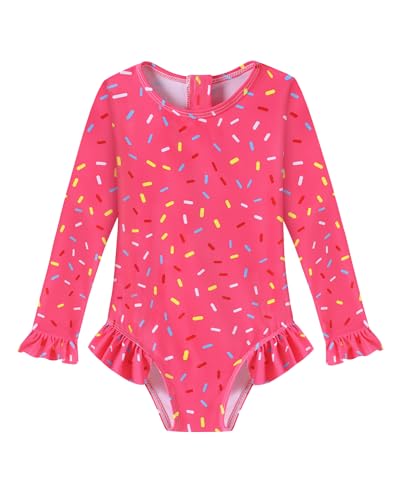 Girls One Piece Swimsuits Long Sleeve Ruffle Zipper Bathing Suit Cute Kids UPF 50+ Rashguard Swimwear 1-6 Years