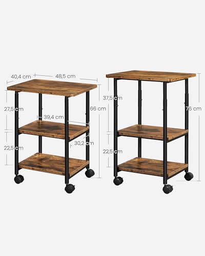 VASAGLE Druckertisch mit Rollen, 3-stufiger Druckerständer, verstellbare Tischplatte, belastbar, Aufbewahrungsregal, industriell, für Büro Arbeitszimmer, vintagebraun-schwarz OPS003B01V1