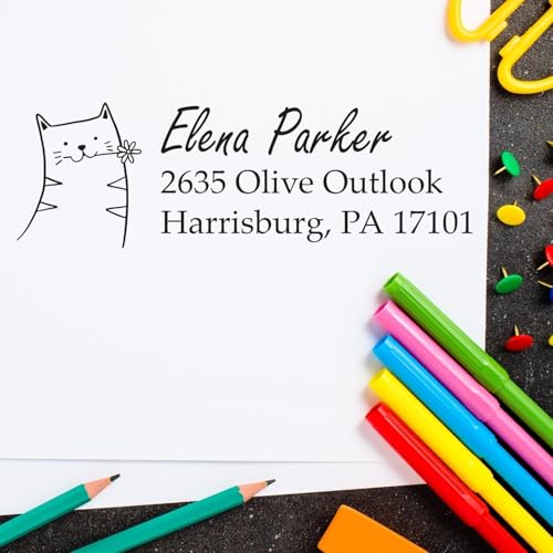 Fluffy Feline Cartoon Duo Hand Address Stamp - 3 Line Personalized Stamp