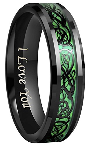 Crownal 6Mm 8Mm Blue/Green Carbon Fiber Black Celtic Dragon Tungsten Carbide Wedding Band Ring Engraved I Love You (8Mm,10.5) #TOP19