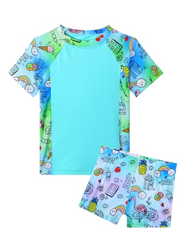 Snowheart Girls Swimsuit Size 5-6 Years Old Blue Green Cartoon Two Pieces Short Sleeve Sets for Swiming Class