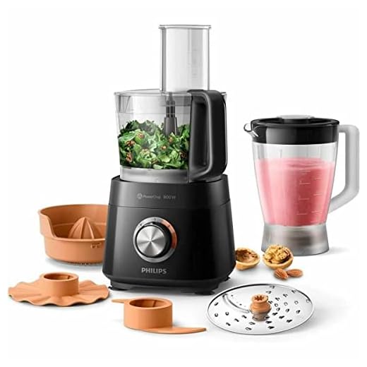 Philips Viva-collectie Compacte keukenmachine – Compact, 800W Motor, 29 Functies, PowerChop, 2-in-1 Schijf, Citruspers, Eenvoudige Montage, 1,5L Kom (HR7510/10)