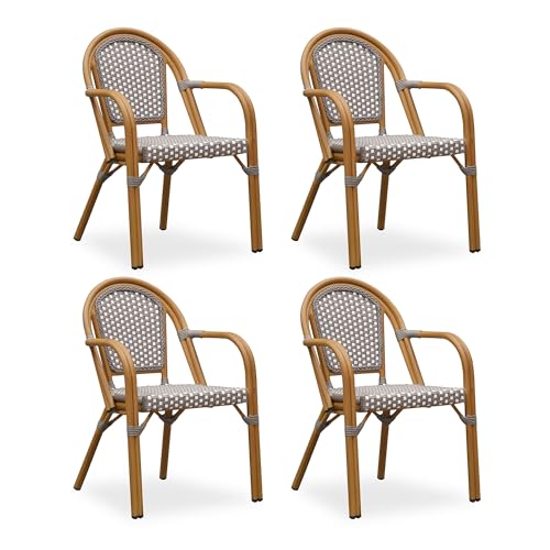 Image of PURPLE LEAF French Outdoor Bistro Armchairs Set of 4, Bamboo Finish, Gray