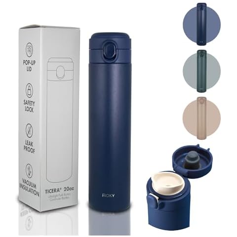 WOKY TICERA 20oz Titanium Ceramic Ultralight Push Button Commuter Bottles - Stainless Steel Vacuum Insulated Tumbler - Everyday Use (Blue) Cover