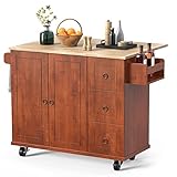Qsun Rolling Kitchen Island with Wood Drop Leaf Tabletop, Kitchen Island Cart with Large Storage...