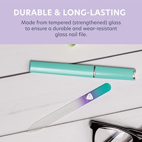 Czech Glass Nail File With Case (Pastel Aqua/Violet) And Glass Cuticle Pusher (Clear) Dual Ended Manicure Stick By Bonafide Beauty Premium Czech Glass Nail #TOP6