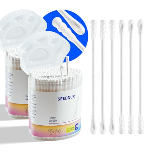 SEEDNUR Baby Cotton Swabs 400 Count Double Pointed Cotton Swabs with Paper Stick for Newborn/Kids, 100% Organic Qtips Cotton Swabs for Ear Nose Clean & Makeup & Cleaning