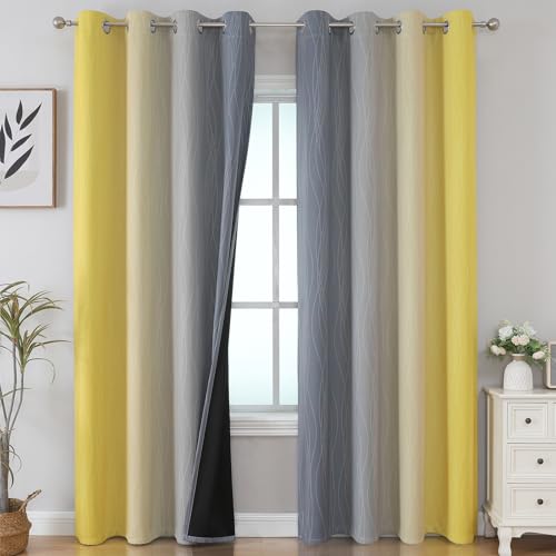 VEHEDE Lot de 2 rideaux occultants à rayures ombrées avec œillets pour chambre à coucher et salon, isolation thermique, 132,1 x 213,4 cm (l x L), jaune et...