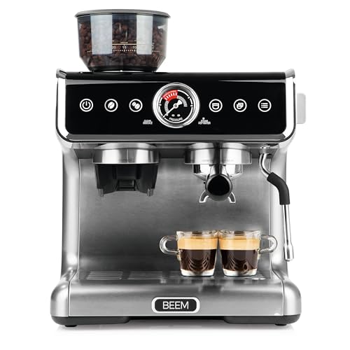 BEEM GRIND-PROFESSION Espresso Siebträgermaschine mit Mahlwerk | Mit Mikromilchschaum | Perfekter Genuss | Entkalkungsfunktion | Abnehmbarer Wassertank [Schwarz-Silber]