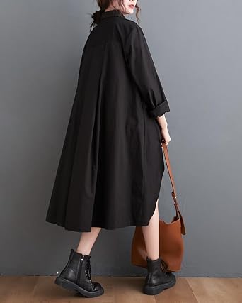 ellazhu Women's T-Shirt Dress Casual Lapel Long Sleeve Oversize Irregular Hem Button Down Solid GZ622