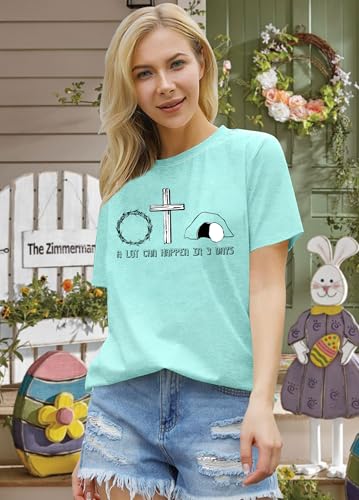 Image of Ithalt Easter Shirts for Women He is Risen Tshirt Easter Christian T-Shirt Jesus Lover Short Sleeve Tops
