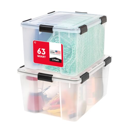 IRIS USA WeatherPro 63 Qt Storage Bins with Lids, 2 Pack, BPA-Free Plastic Gasket Box with Tight Latch and Seal, Stackable Nestable Tote Tub - Clear/Black