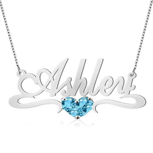 925 Sterling Silver Custom Name Necklace with Birthstone Heart, Personalized Jewelry for Women