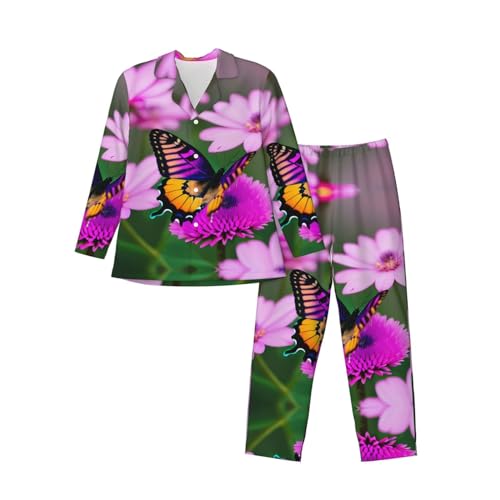 Pyjama homme satiné imprimé papillon et fleurs avec pantalon ample