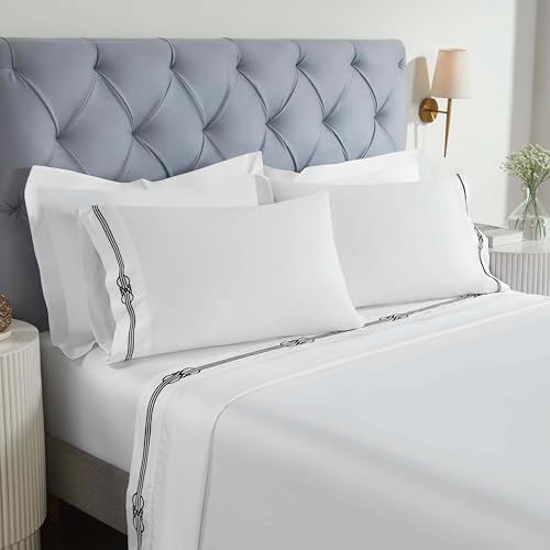 Superior Embroidered Cotton Bed Sheet Set, 1 Elastic Deep Pocket Fitted Sheet, 1 Flat Sheet, 2 Pillowcases, Daily Soft Sheets, Luxury, Elegant Design, Moonlawn Collection, Queen Size, White/Black