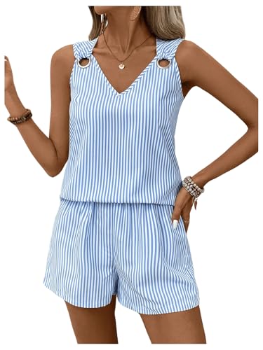 Image of GORGLITTER Two Piece Outfit Women Striped Ring V Neck Tank Top Causal Shorts Co Ord Sets Summer Travel Outfit Blue and White Medium