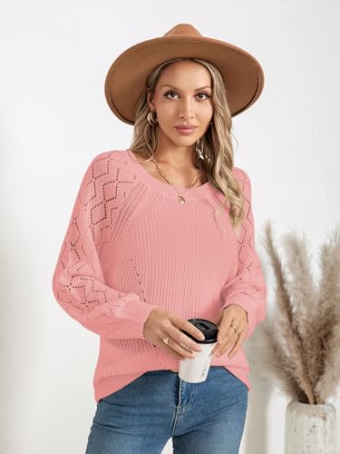 Image of Libsorge Womens Cute Crochet Knit Hollow Out Sweater Fall 2024 Lightweight Ribbed Crewneck Long Sleeve Pullover Top