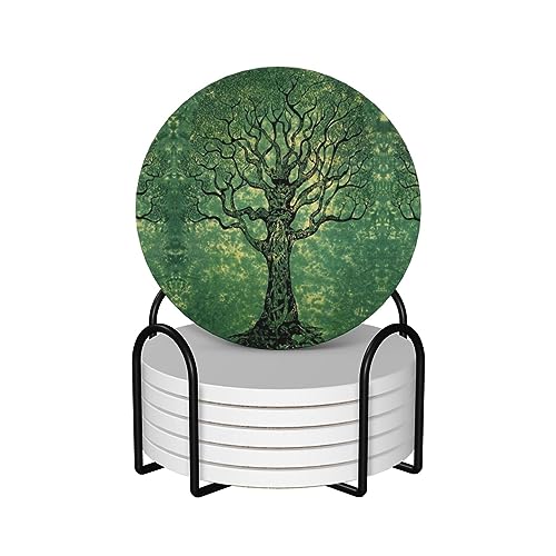 Juego de 6 posavasos con diseño de árbol de la vida, posavasos de piedra, taza de café, manteles individuales de cerámica con parte trasera de corcho