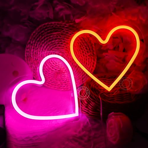 Image of SYLHOME 2 Pack Heart Led Neon Light Sign Battery Operated or USB Powered Bedroom Wedding Wall Sign Decor Valentines Day Christmas Birthday Gifts USB 7.87 inch X 7.28 inch Pink & Red
