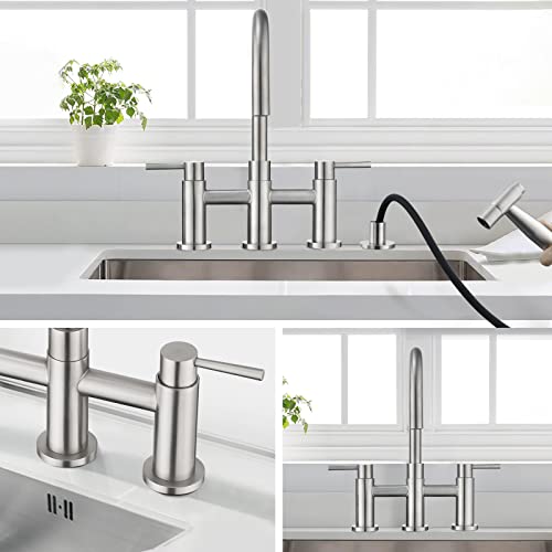 Dornberg Bridge Kitchen Faucet With Side Sprayer, 2 Handle Farmhouse Sink Faucet Spot-Free Stainless Steel, 4 Hole For Easy To Install - Brushed Nickel #TOP2