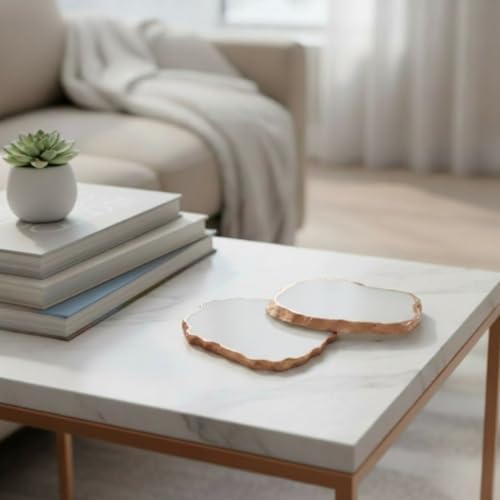 Image of Natural Agate Stone Tea Coasters Set | Premium Stone Coasters for Tea, Coffee & Glass | Heat Resistant Coasters for Dining Table, Office Desk & Home Decor | Pack of 2 | Color -White