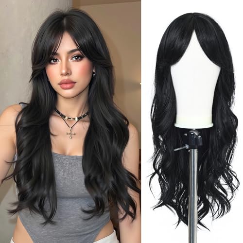 Esmee Perruques Longues Perruque Noir Ondulé pour Femmes Cheveux Synthétiques Brunette avec Frange pour la Fête Quotidienne Cosplay 26 Pouces