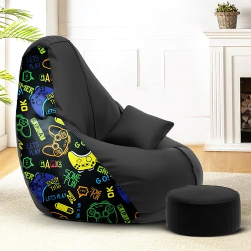 Image of Amazon Brand - Solimo 6XL Premium Faux Leather Bean Bag Combo with Footrest & Cushion, Filled with Beans | Capacity: Upto 6 Ft 9 in Height, 135 KG Weight | Gamer's Den | Black