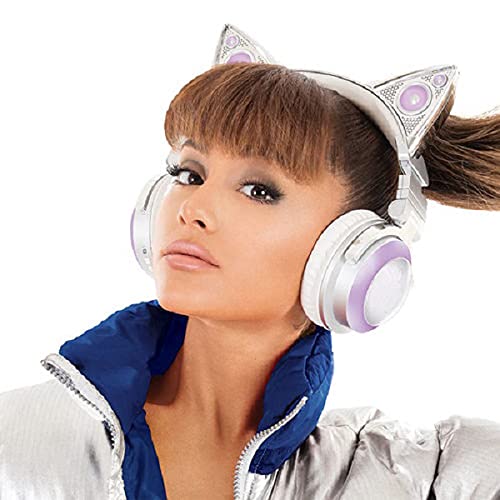 New Edition Wireless Cat Ear Headphones (12 Color Changing) with Speakers & 3.5mm Jack, Type-C Charging, Bluetooth&Wired Connection (White-Pink)
