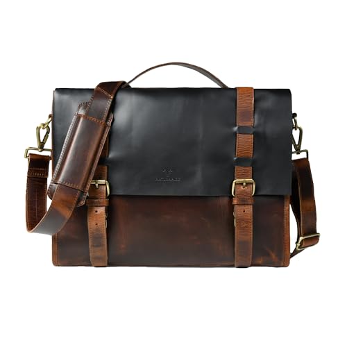 Leather Laptop Messenger Bag for Men & Women – 15 Inch Full Grain Cowhide Black Flap with Brown Hardwax Leather, Cotton Lining, Brass Buckles, Brass Zipper