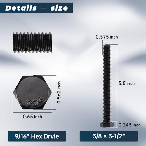 Image of Glvaner 3 /8-16 x 3-1 /2 inch Stainless Steel Hex Head Screws Bolts, Black Coated, 304 Stainless Steel 18-8, Hexagon Head Bolts, Full Thread, 8 pcs