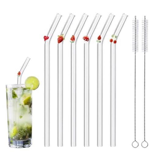 ZRLABL Reusable Glass Straws - 8" x 8 MM, Set of 6, Clear Glass Drinking Straws for Beverages (Red, Normal-6 PC Straws & 2PC Cleaning Brush)