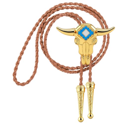 Image of GelConnie Gold Longhorn Bolo Tie for Men & Women Western Cowboy Tie Style | Bolo Tie for Men with Gold Longhorn Skull Blue Enamel, Adjustable Cowboy Ties for Men and Western Tie Dress Shirt Outfit