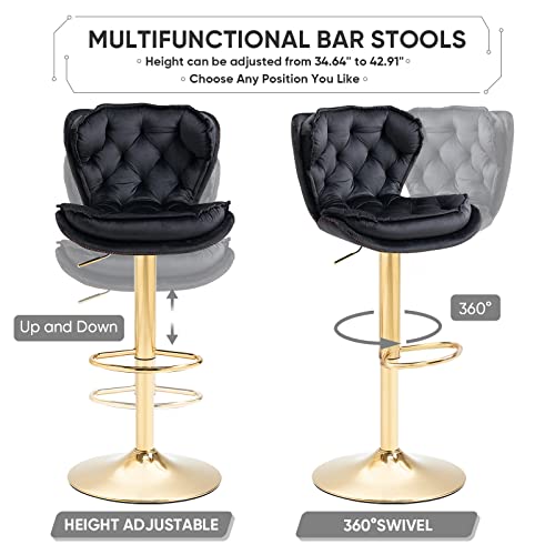 Kinffict Bar Stools Set Of 2, Velvet Counter Height Adjustable Barstools, Swivel Dining Bar Chairs Upholstered Modern Bar Stool For Kitchen Island, Cafe, Bar, Bar Counter, Dining Room, Black #TOP2