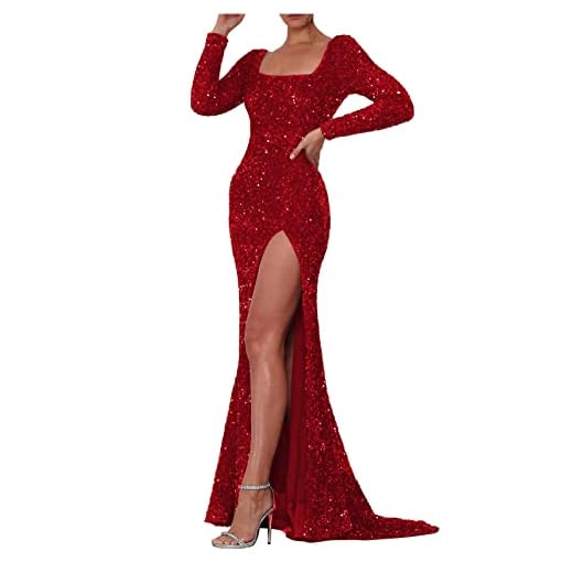 Long Sleeve Sequin Prom Dresses for Women Maxi Mermaid Sparkly Formal Evening Gowns Square Neck Party Dress with Slit Red