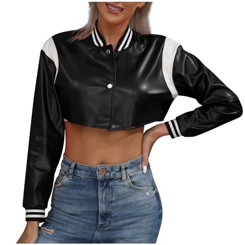 Women's Cropped Faux Leather Jackets Short Bomber Motorcycle Coats Colorblock Crop Moto Biker Jacket Trendy Clothes3