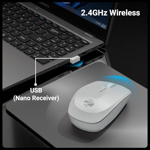 Image of ZEBRONICS Wireless Mouse, 2.4GHz, 3200 DPI, 3 Buttons, Comfortable & Ergonomic, USB Nano Receiver, Power-Saving Mode, Works on Most Surfaces, for Mac | Laptop | Computer (Freego, Grey)